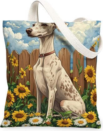 Generic Spring Whippet Dog Canvas Tote Bag for Shopping 13x15, Sunflower Fence Puppy Reusable Grocery Print Bag for Women, Farmhouse Pet Beach Aesthetic Paint