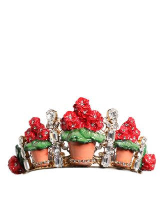 Dolce & Gabbana Rode Bloemige Bloempot Kristallen Gouden Kroon Tiara Haarband