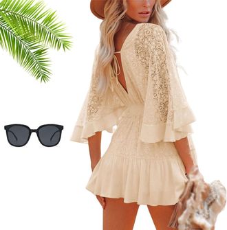 Generic Womens Batwing Sleeve Backless Romper Dress, Lace Crochet V Neck Backless Ruffle Dresses Buttons Down Swing Beach Dress (Apricot,S)