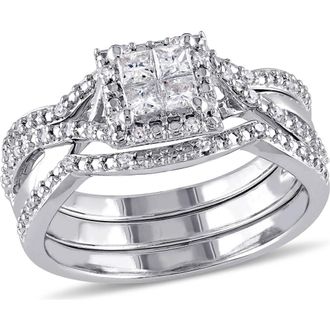 Delmar Set of 3 Princess Cut Diamond Halo Stackable Rings in White at Nordstrom Rack, Size 6