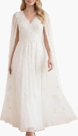 Needle & Thread Versailles Ditsy V-Neck Cape Maxi Gown in Swan White at Nordstrom, Size 12