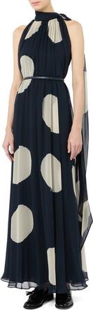 Max Mara Agente Polka Dot Long Silk Georgette Dress in Midnight Blue at Nordstrom, Size 4