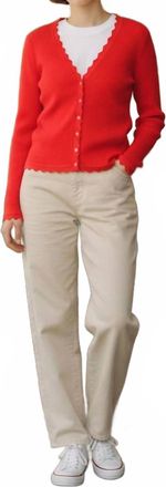 Autumn Cashmere Scallop Edges Rib V-Neck Cardigan In Tomato Red