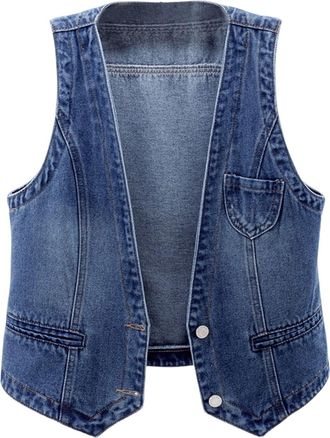 Generic Womens Waistcoats Cowboy Vest Sleeveless Denim Waistcoats Solid Color Lightweight Jean Jacket Gilets Spring Autumn Buttons Vests Open Front Shirt Gile