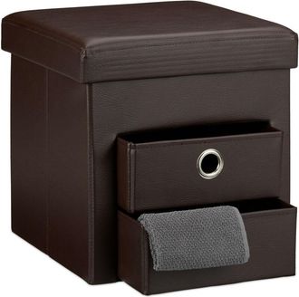 Relaxdays Relaxdays - Folding Storage Ottoman with 2 Pull-Out Compartments Drawers, Footstool Total Size: 38 x 38 x 38 cm Faux Leather Seat Pouffe with