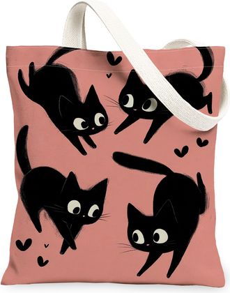 Generic Playful Cat Canvas Tote Bags, Cute Feline Pattern Reusable Grocery Bags, Lightweight Washable Shoulder Strap Canvas for Eve, Peach, 13x15 Inch