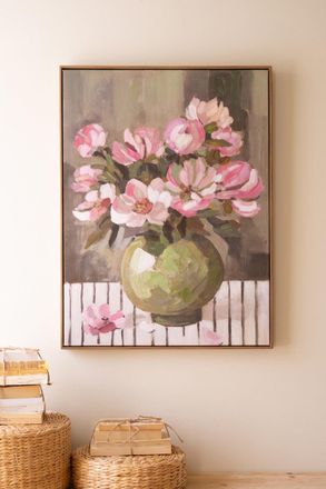 Kalalou Framed Paint Over Print - Green Vase With Pink Flowers