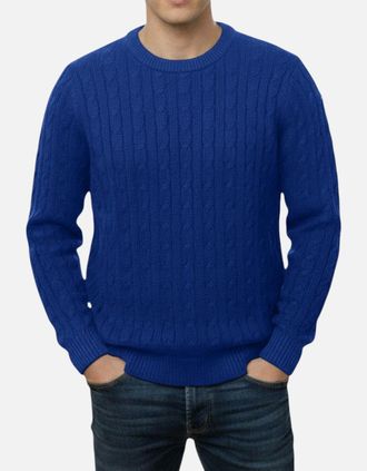 Firetrap Mens Mens Cable Knit Sweatshirt Chunky Crew Neck Pullover Cotton Winter Warm Jumper - Navy - Size: 36