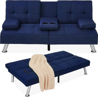 Best Choice Products Modern Linen Convertible Futon Sofa Bed w/ Removable Armrests, Metal Legs, Cupholders