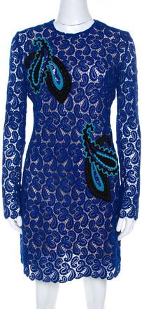 Mary Katrantzou Cobalt Blue Paisley Macrame Lace Overlay Geri Shift Dress