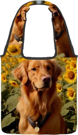 Generic Sunflowers Sunshine Dog Reversible Canvas Shoulder Tote - Double-Sided Print, 12oz Cotton, 27cm Drop, Fold-Flat Bag for Travel, Shopping, Street Outin