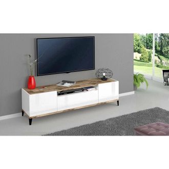 Dmora Mobile porta tv Argentoro, Credenza bassa da soggiorno a 2 ante, Base porta televisione, 100% Made in Italy, cm 160x40h47, Bianco lucido e Acero