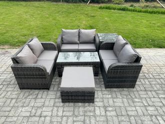 Fimous Rattan Garden Furniture Set 7 Seater Indoor Outdoor Patio Sofa Set with Coffee Table Loveseat Sofa Big Footstool Side Table Dark Grey Mixed