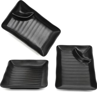 OEM Juego De 3 Platos Japoneses Para Gyoza Con Compartimento Para Salsa, Platos Rectangulares De Melamina Negra (19 X 11,5 Cm), Ideales Para Rollos De Sus