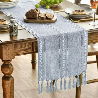 OEM Runner Da Tavola, Stile Boho, Crema, Stile Country, Con Nappe, Lavabile, Ideale Per Feste, Compleanni, Festival E Matrimoni, 3 Pezzi, Blu Fumo, 33143 