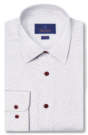 David Donahue Trim Fit Microprint Cotton Herringbone Dress Shirt in Blue/Berry at Nordstrom, Size 16 - 34