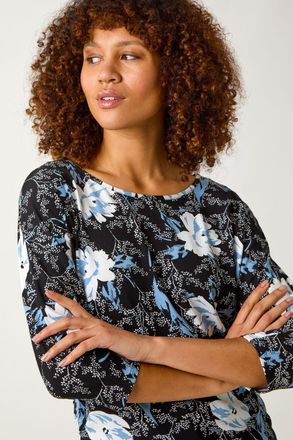 Roman Floral Print Side Tie Stretch Top