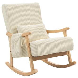 OEM Silla Mecedora De Pana Con Coj&iacute;n Lumbar Patas Y Reposabrazos De Madera De Caucho Bolsillo Estilo Moderno Beige