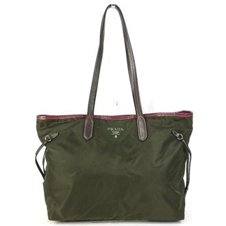 Prada Khaki Red Color Leather Nylon Shoulder Bag Tote Bag (Pre-Owned)