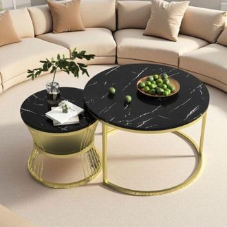 OEM Mesas Bajas Nido - M&aacute;rmol Negro Y Oro - &Oslash;70cm Y &Oslash;45cm - Dise&ntilde;o Luxe Moderno - Patas Ajustables