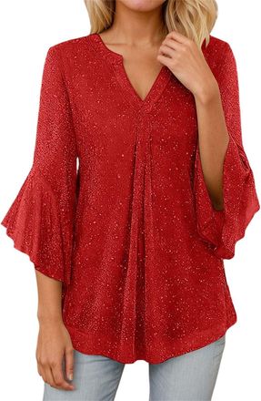 Generic Sequin Tops for Women UK V Neck T Shirts 3/4 Bell Sleeve Pullover Tops Glitter Elegant Trendy Party Ruffle Blouses Ladies Flowy Loose Black Red Pink B