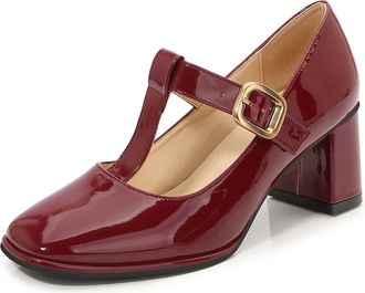 Generic Vintage Style Mary Jane Square Toe Pumps 6cm Block Heel with Cross Strap & Buckle PU Upper Slip-Resistant Sole Full Sizes 35-46,Burgundy,8.0 UK