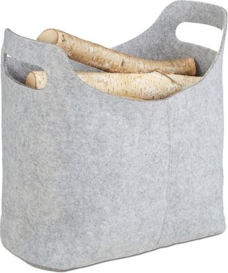 Relaxdays 2x Cesto Portalegna per Camino in Feltro, HxLxP: 39,5 x 40 x 23 cm, 2 Manici Pieghevole, Portariviste, Cesta, Grigio