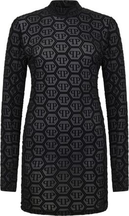 Philipp Plein Tulle Long-Sleeved Mini Dress Monogram Jacquard