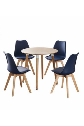 Life Interiors 5PCs Dining Set - a Round Dining Table & Set of 4 Lorenzo Tulip chairs with Padded Seat in Blue