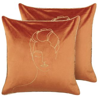 Beliani Conjunto De 2 Cojines De Terciopelo Naranja Dorado 45 X 45 Cm Patr&oacute;n De Cara Crocus