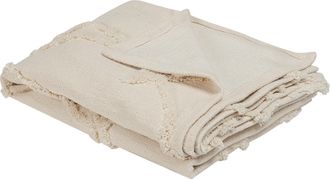 Beliani Manta De Algod&oacute;n Beige Claro 130 X 160 Cm De Punto Patr&oacute;n Floral Relieve Boho Sala De Estar Dormitorio Acacia