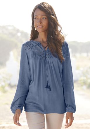 Lascana Crepebluse LASCANA, Damen, Gr. 34, blau (smokey blau), Cr&ecirc;pe, Obermaterial: 100% Viskose. Spitze: 100% Baumwolle, unifarben, figurumspielend h&uuml;ftlang,