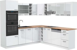 Vicco Cocina Esquinera R-line, Blanco Alto Brillo/blanco, 237 X 247 Cm, Et Roble