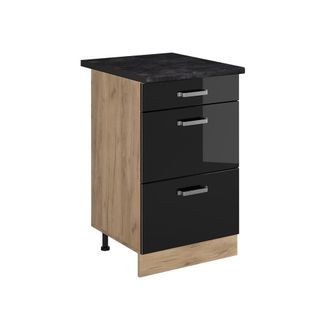 Vicco Mueble Bajo De Cocina R-line, Negro Brillo Intenso/roble Dorado, 50 Cm Encimera Antracita, Vicco