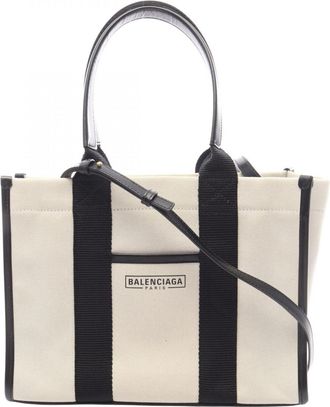 Balenciaga Black Ivory Canvas Leather Handbag Tote Bag (Pre-Owned)