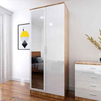 Elegant Lighting 1780x760x450mm High Gloss Wardrobe with Mirror and Metal Handles Includes a removable hanging rod and storage shelves, White/Oak - Elegant
