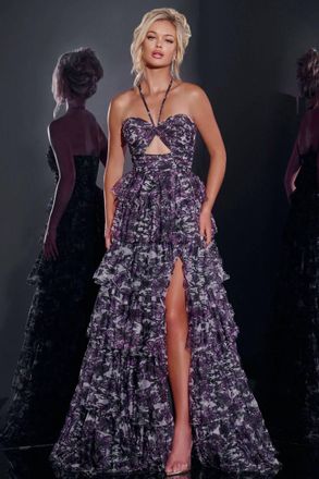 Jovani Floral Tiered Strapless Gown In Purple