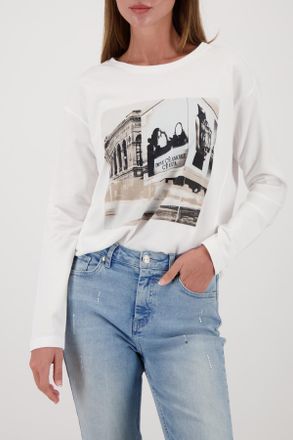 Monari Langarmshirt MONARI Shirt City Druck, Damen, Gr. 34, off, wei&szlig;, Web, Obermaterial: 50% Baumwolle, 50% Modal, unifarben, regular fit normal, U-Boot-Aus