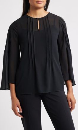 Anne Klein Pintuck Pleat Flutter Sleeve Top in Anne Black at Nordstrom, Size Medium