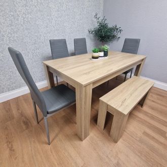 Kosy Koala Oak Effect Dining Table Set With 4 Grey Faux Leather Chairs & Bench Dining Room Furniture in Beige