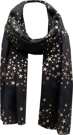 World of Shawls NEW GOLD Glitter Foil STAR Print Fashion Scarf (Black)