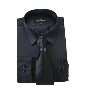 Milano Mens Satin Classic Dress Shirts with Tie & Hankie Sg08-Black-17-17 1/2-34-35