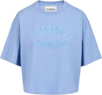 Iceberg Poederblauwe- boxy fit T-shirt van katoenen jersey met Iceberg Social Club print - Dames - T-shirts - Blauw - S - Katoen - Tops