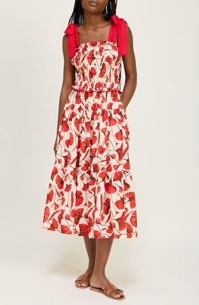 En Saison Josie Gingko Leaf Print Cotton Blend Sundress in Natural Red at Nordstrom Rack, Size X-Small