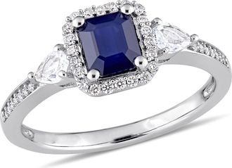 Mimi & Max 1ct TGW Octagon-Cut Sapphire White Sapphire and 1/6ct TW Diamond 3-Stone Ring in 14k White Gold
