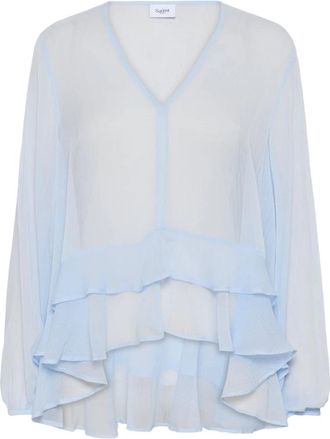 Saint Tropez Blauwe Kasjmier Blouse met Ruches - Dames - Blouses - Blauw - L - Kasjmier - Overhemden