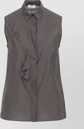 PESERICO silk cotton top collared neck ruffle sleeveless