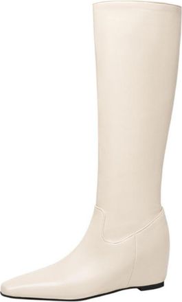 Generic Womens Square Toe Knee High Boots Wedge Heel Faux Leather Stylish Comfortable Non Slip Wear Resistant For Fashion Leisure Daily Wear,White,8.5 UK