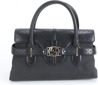 Gucci Black Leather Canvas Handbag Tote Bag (Pre-Owned)