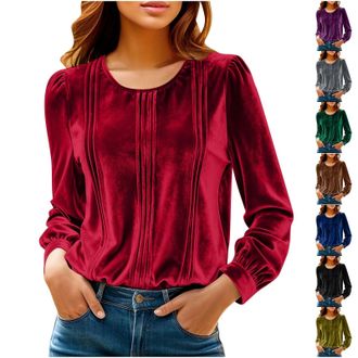 Generic Velvet Tops for Women Round Neck Long Sleeve Blouse Ladies Solid Color Ruched Jumper Christmas New Year Blouse Vintage Velour Dressy Blouses Womens Ca